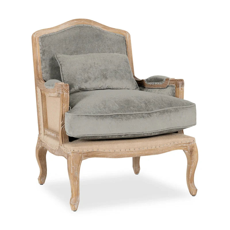 French Country Grey Upholstered Accent Arm Chair with Nail-Head Trim
