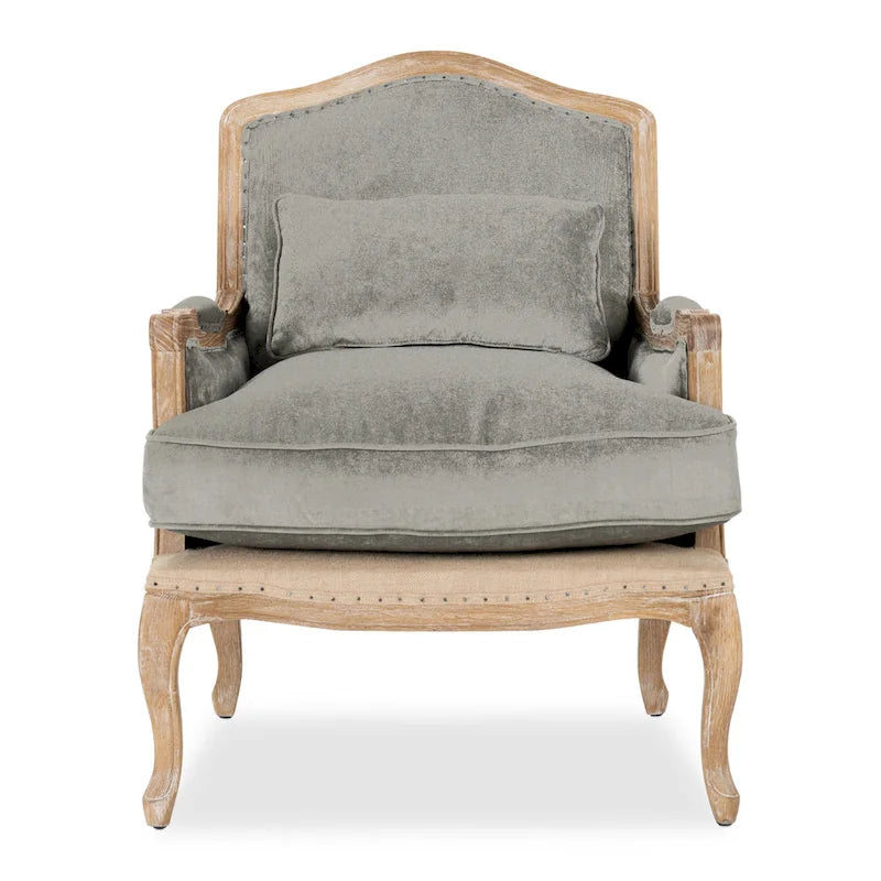 French Country Grey Upholstered Accent Arm Chair with Nail-Head Trim