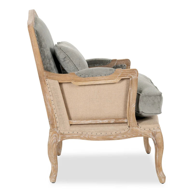 French Country Grey Upholstered Accent Arm Chair with Nail-Head Trim