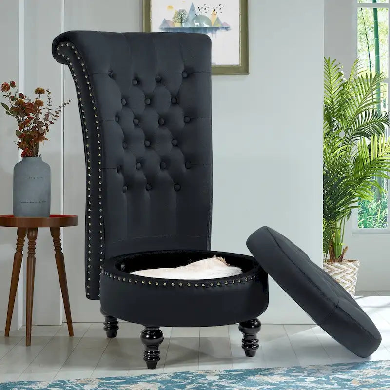Velvet High Back Throne Accent Chair Armless with Hidden Storage