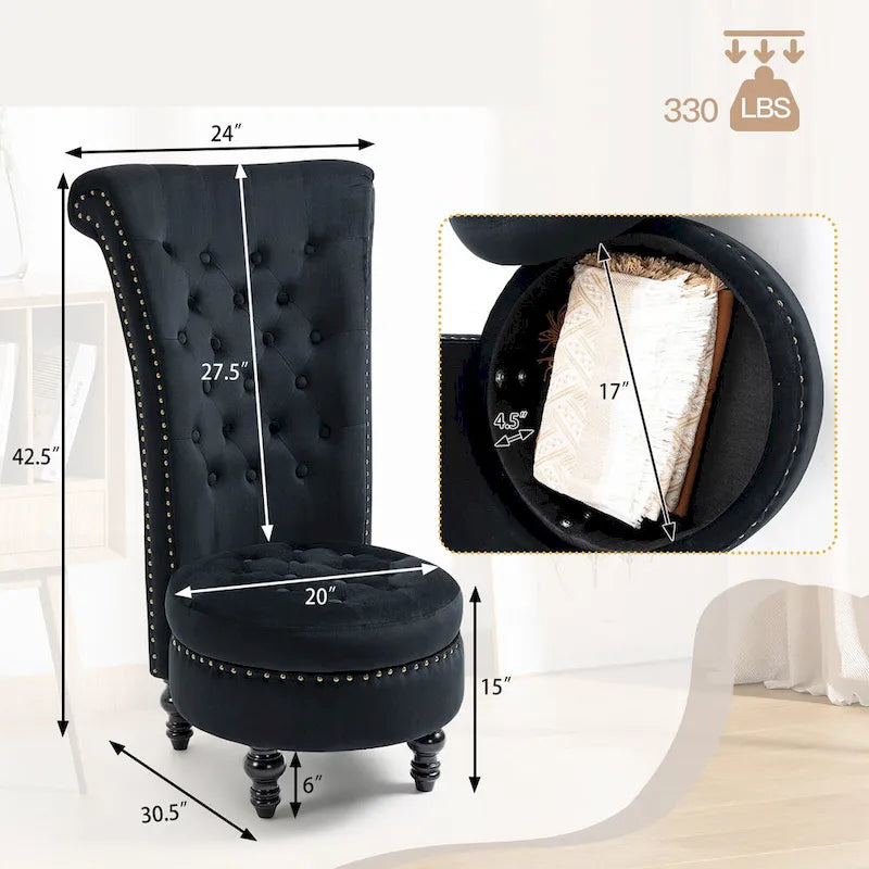 Velvet High Back Throne Accent Chair Armless with Hidden Storage