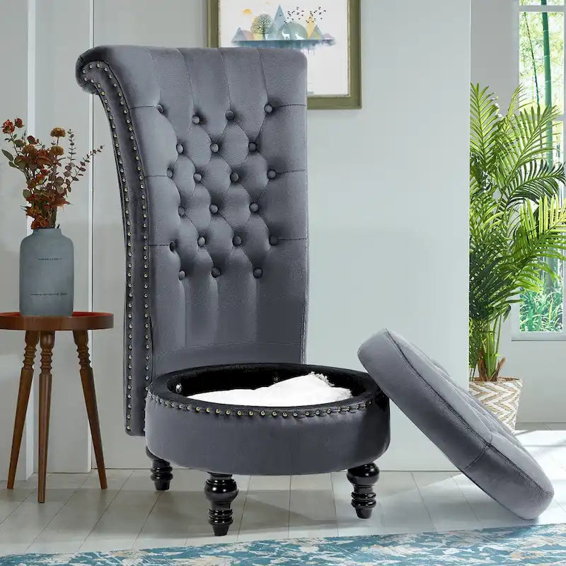 Velvet High Back Throne Accent Chair Armless with Hidden Storage