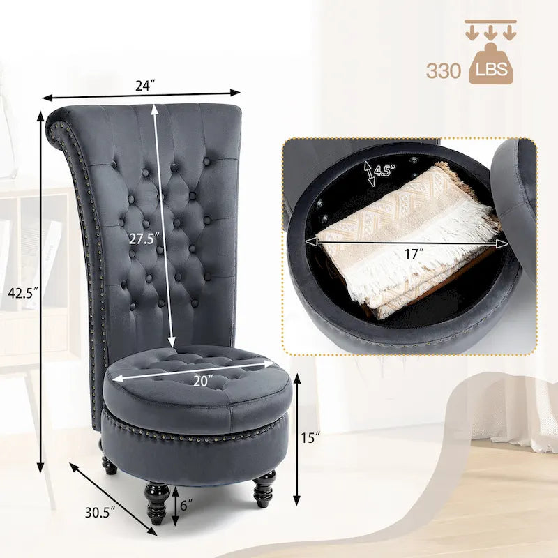 Velvet High Back Throne Accent Chair Armless with Hidden Storage
