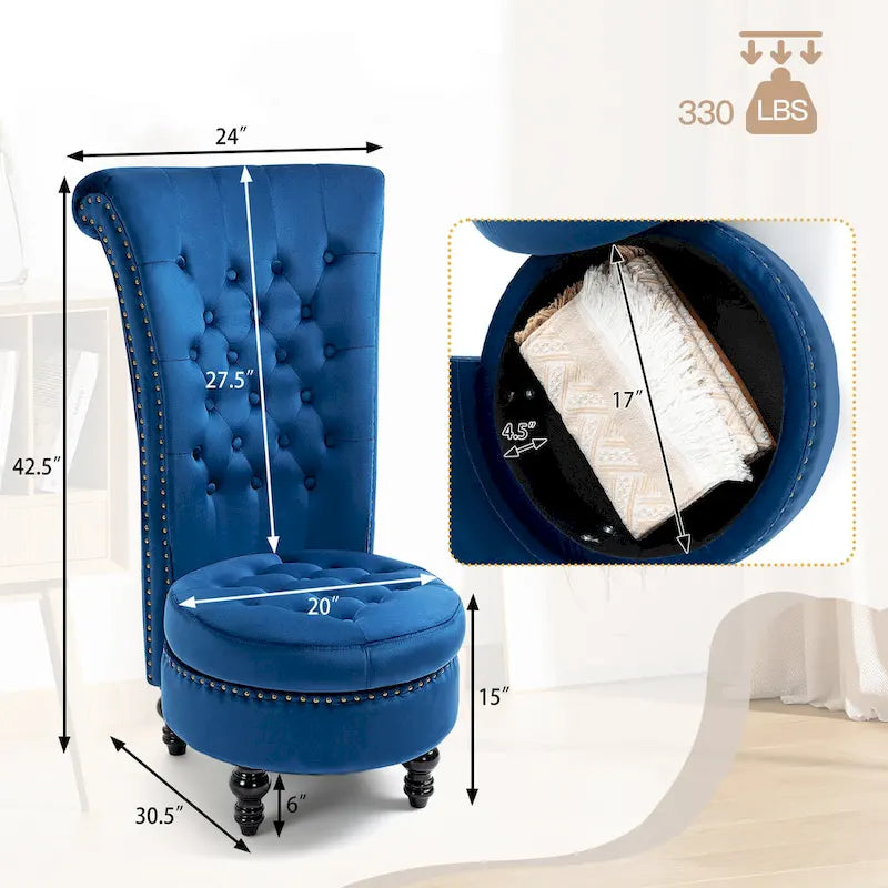 Velvet High Back Throne Accent Chair Armless with Hidden Storage