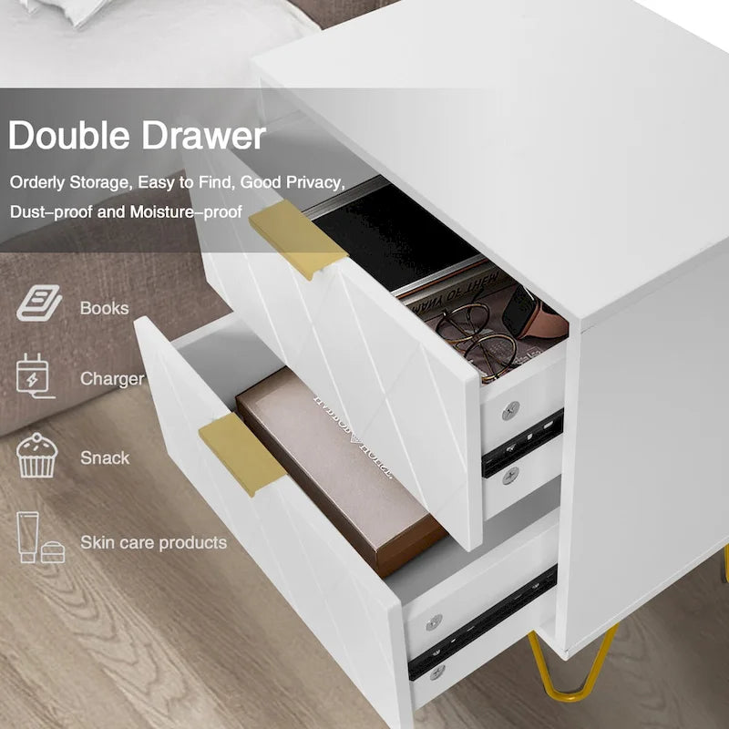Set of 2 Nightstand 2 Drawer End Side Table Bedside Metal Legs Modern Bedroom Living Room