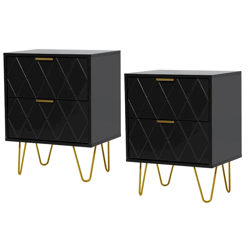 Set of 2 Nightstand 2 Drawer End Side Table Bedside Metal Legs Modern Bedroom Living Room
