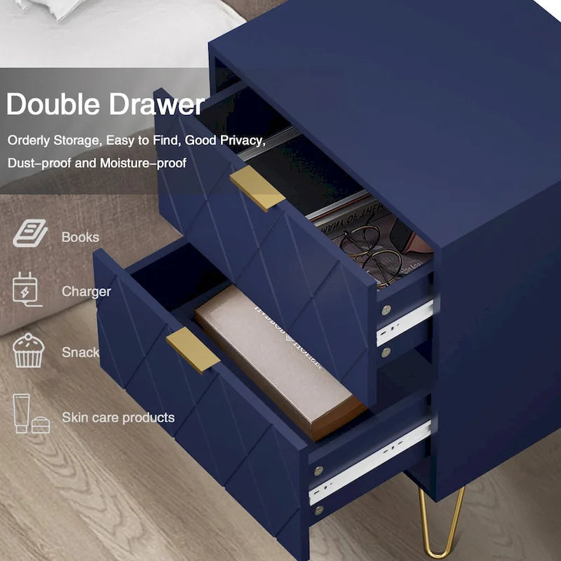 Set of 2 Nightstand 2 Drawer End Side Table Bedside Metal Legs Modern Bedroom Living Room