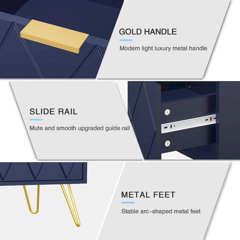 Set of 2 Nightstand 2 Drawer End Side Table Bedside Metal Legs Modern Bedroom Living Room