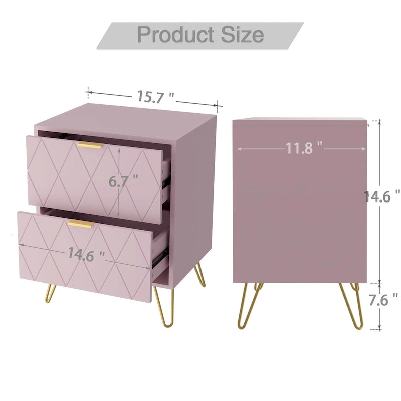 Set of 2 Nightstand 2 Drawer End Side Table Bedside Metal Legs Modern Bedroom Living Room