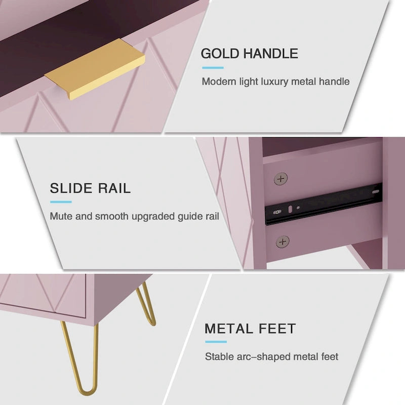 Set of 2 Nightstand 2 Drawer End Side Table Bedside Metal Legs Modern Bedroom Living Room