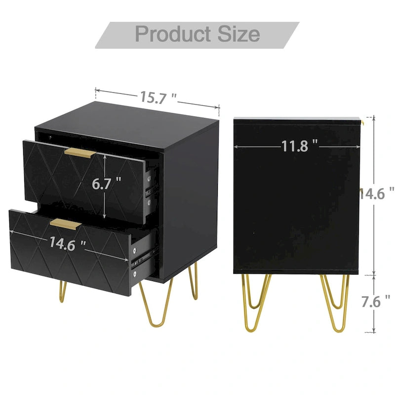 Set of 2 Nightstand 2 Drawer End Side Table Bedside Metal Legs Modern Bedroom Living Room