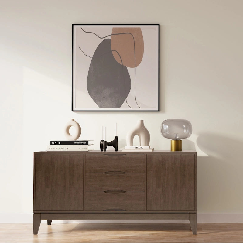Solid Hardwood Mid-Century Sideboard Buffet Cabinet with Drawers in Walnut Brown