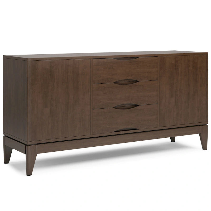 Solid Hardwood Mid-Century Sideboard Buffet Cabinet with Drawers in Walnut Brown