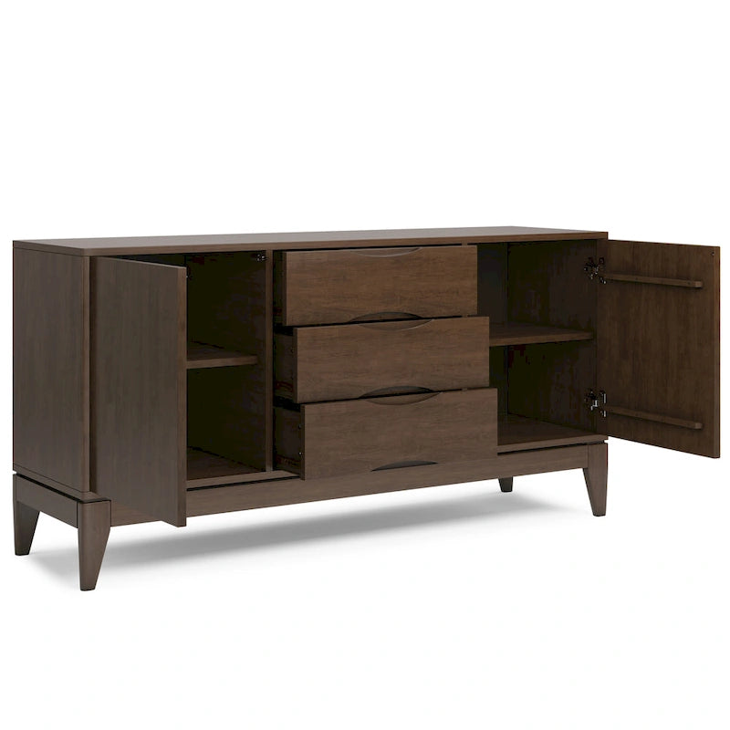 Solid Hardwood Mid-Century Sideboard Buffet Cabinet with Drawers in Walnut Brown