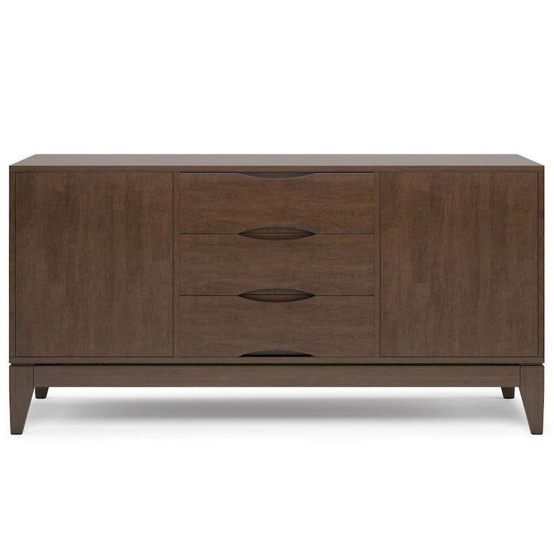 Solid Hardwood Mid-Century Sideboard Buffet Cabinet with Drawers in Walnut Brown