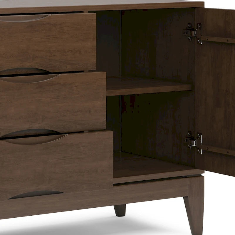 Solid Hardwood Mid-Century Sideboard Buffet Cabinet with Drawers in Walnut Brown