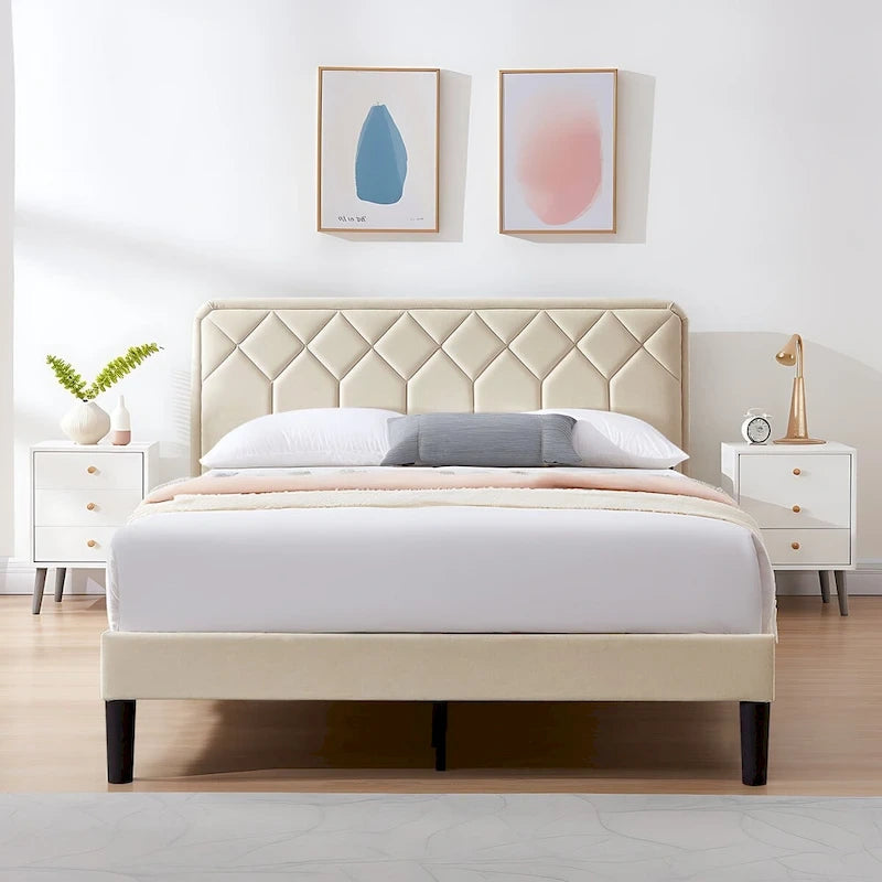 Upholstered Platform Bed Frame Diamond Tufted Wingback Headboard Beige Fabric