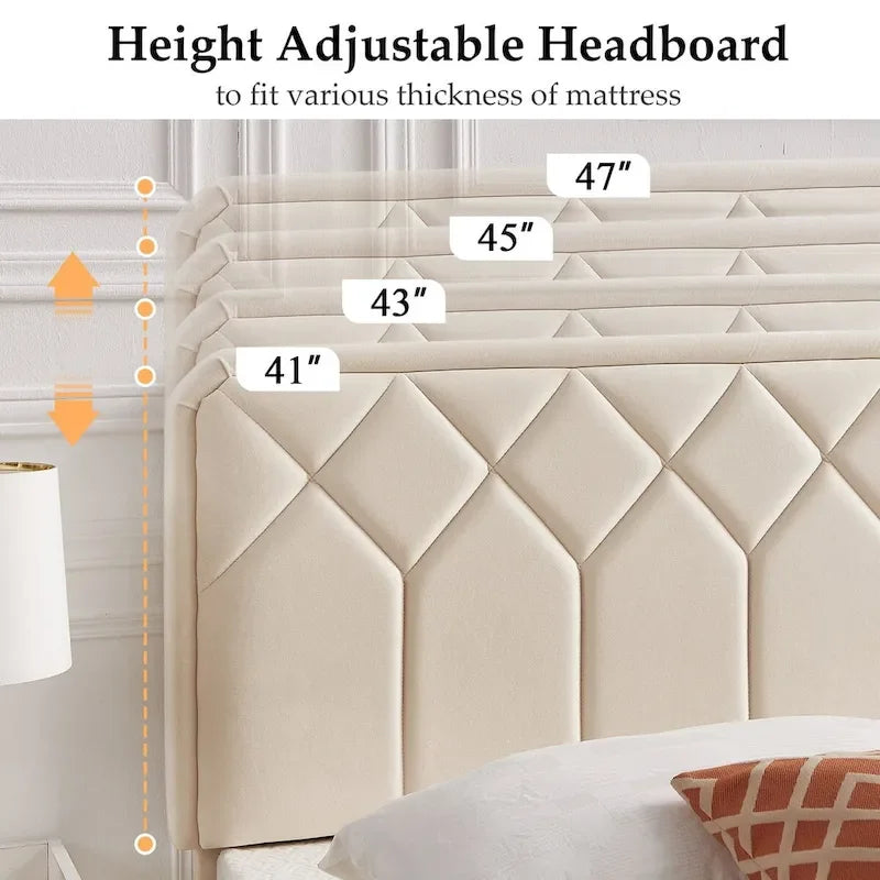 Upholstered Platform Bed Frame Diamond Tufted Wingback Headboard Beige Fabric