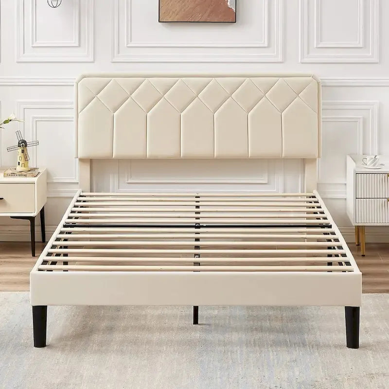 Upholstered Platform Bed Frame Diamond Tufted Wingback Headboard Beige Fabric