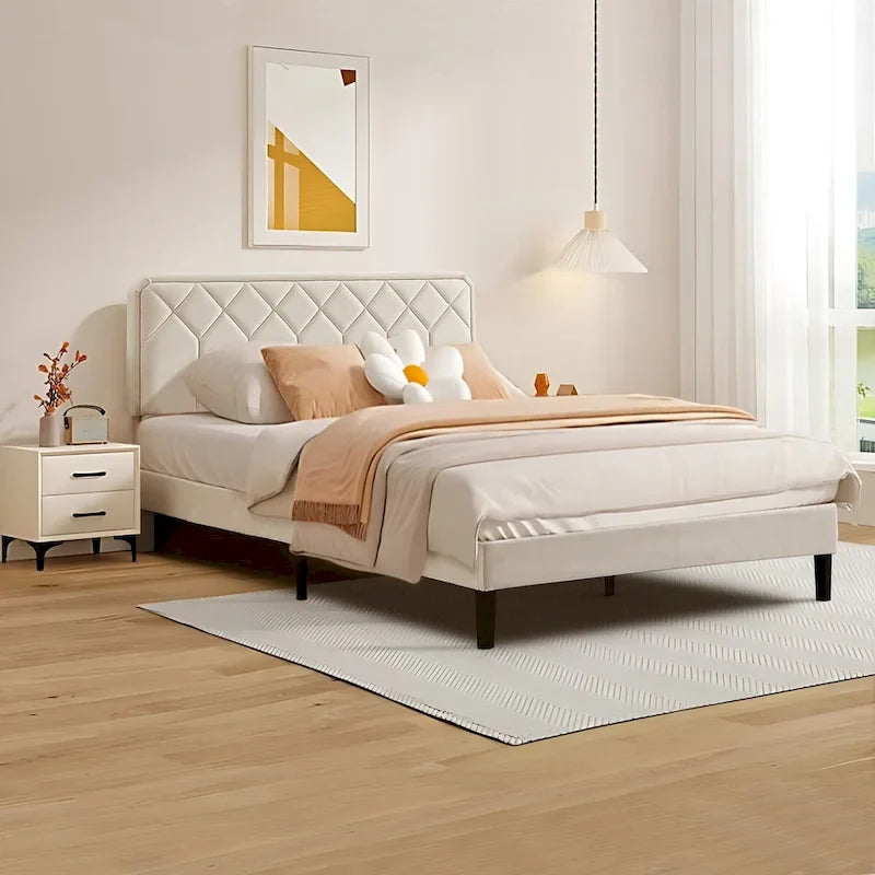 Upholstered Platform Bed Frame Diamond Tufted Wingback Headboard Beige Fabric