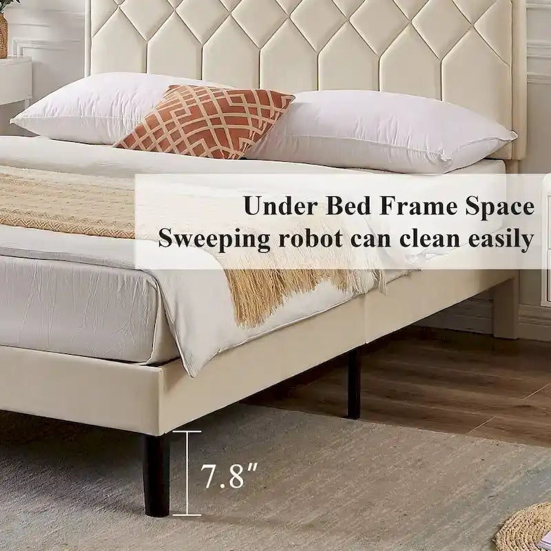 Upholstered Platform Bed Frame Diamond Tufted Wingback Headboard Beige Fabric