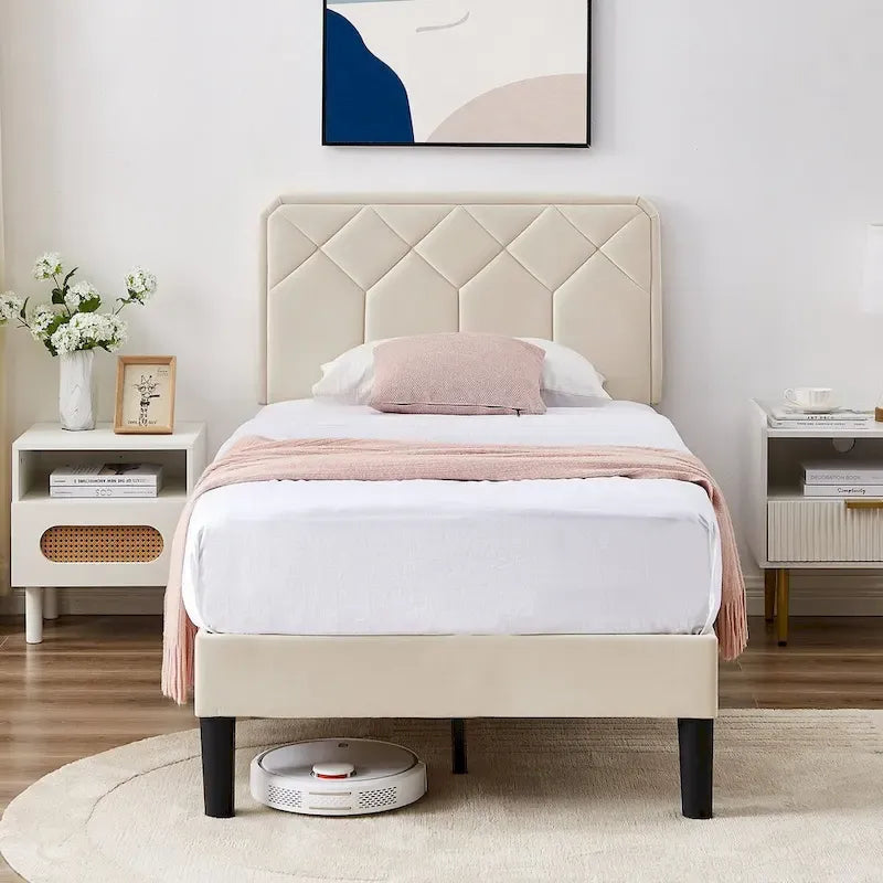 Upholstered Platform Bed Frame Diamond Tufted Wingback Headboard Beige Fabric