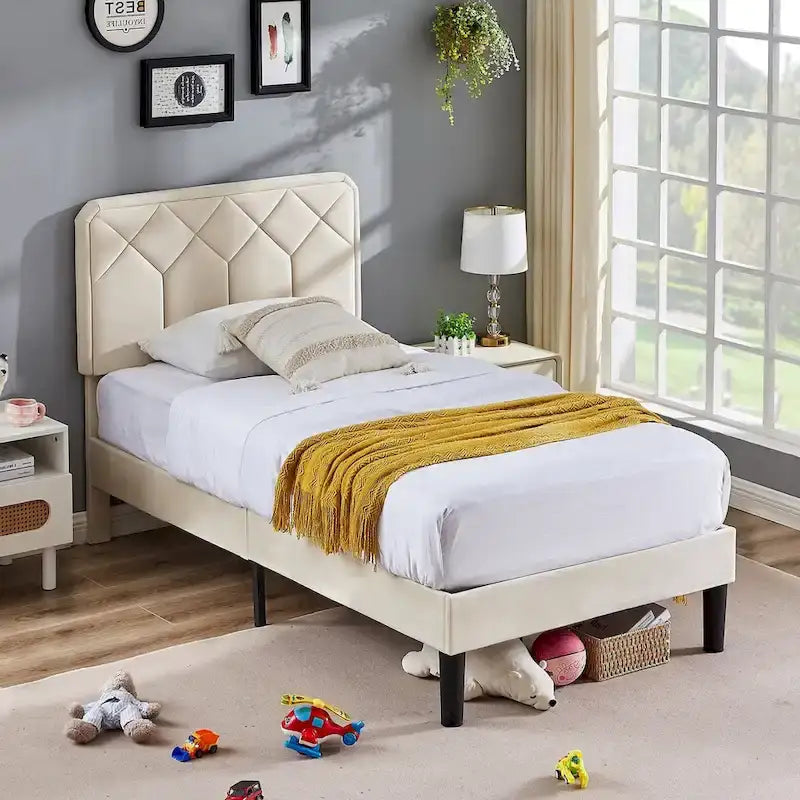 Upholstered Platform Bed Frame Diamond Tufted Wingback Headboard Beige Fabric