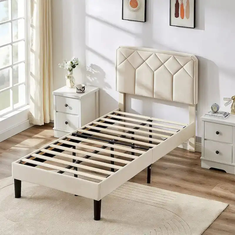 Upholstered Platform Bed Frame Diamond Tufted Wingback Headboard Beige Fabric