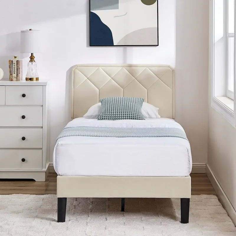 Upholstered Platform Bed Frame Diamond Tufted Wingback Headboard Beige Fabric
