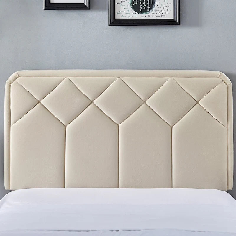 Upholstered Platform Bed Frame Diamond Tufted Wingback Headboard Beige Fabric