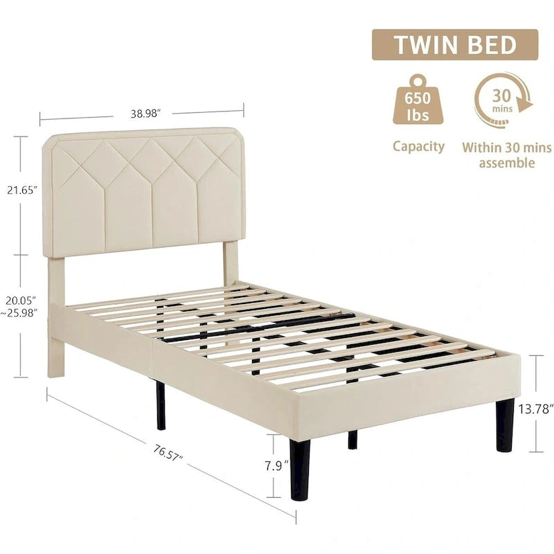 Upholstered Platform Bed Frame Diamond Tufted Wingback Headboard Beige Fabric