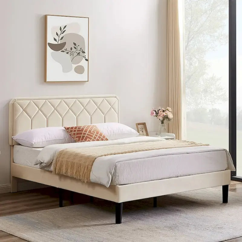Upholstered Platform Bed Frame Diamond Tufted Wingback Headboard Beige Fabric