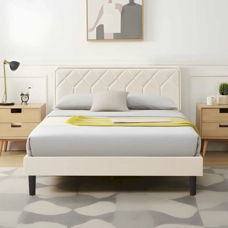 Upholstered Platform Bed Frame Diamond Tufted Wingback Headboard Beige Fabric