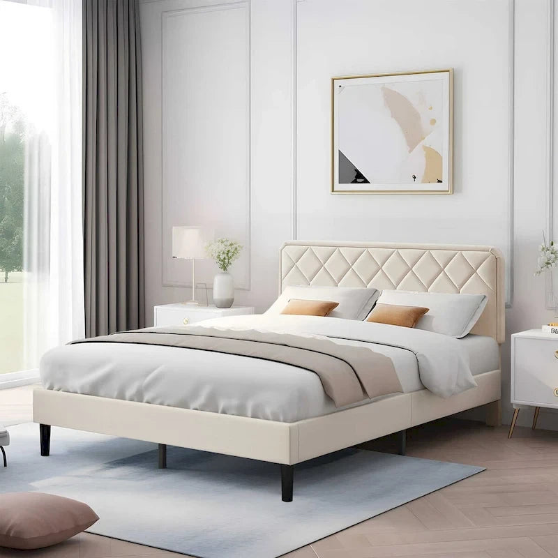 Upholstered Platform Bed Frame Diamond Tufted Wingback Headboard Beige Fabric