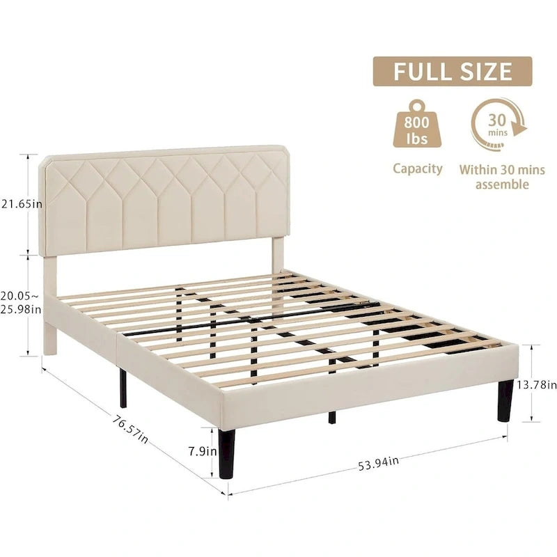 Upholstered Platform Bed Frame Diamond Tufted Wingback Headboard Beige Fabric