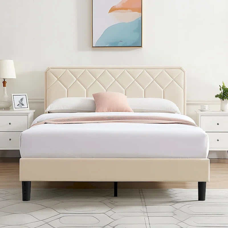 Upholstered Platform Bed Frame Diamond Tufted Wingback Headboard Beige Fabric