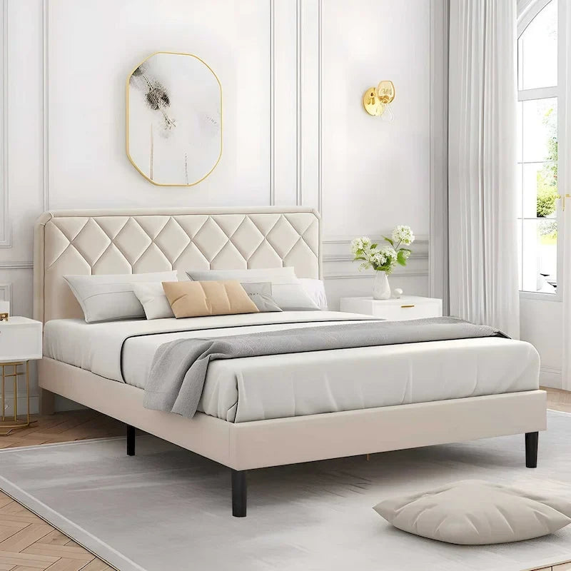 Upholstered Platform Bed Frame Diamond Tufted Wingback Headboard Beige Fabric