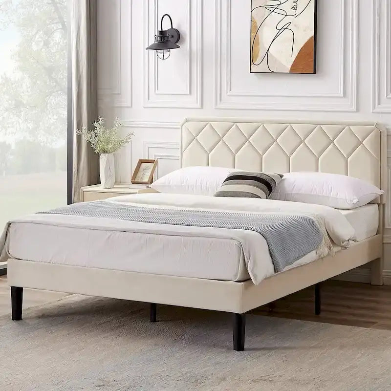 Upholstered Platform Bed Frame Diamond Tufted Wingback Headboard Beige Fabric