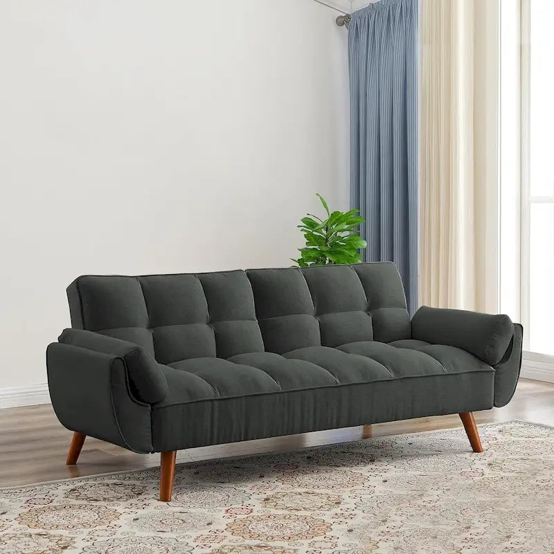 Convertible Futon Sofa Bed with Tufted Back and Adjustable Reclining in Linen Fabric