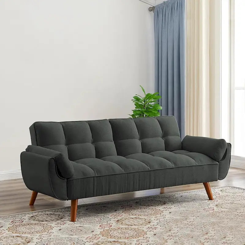 Convertible Futon Sofa Bed with Tufted Back and Adjustable Reclining in Linen Fabric