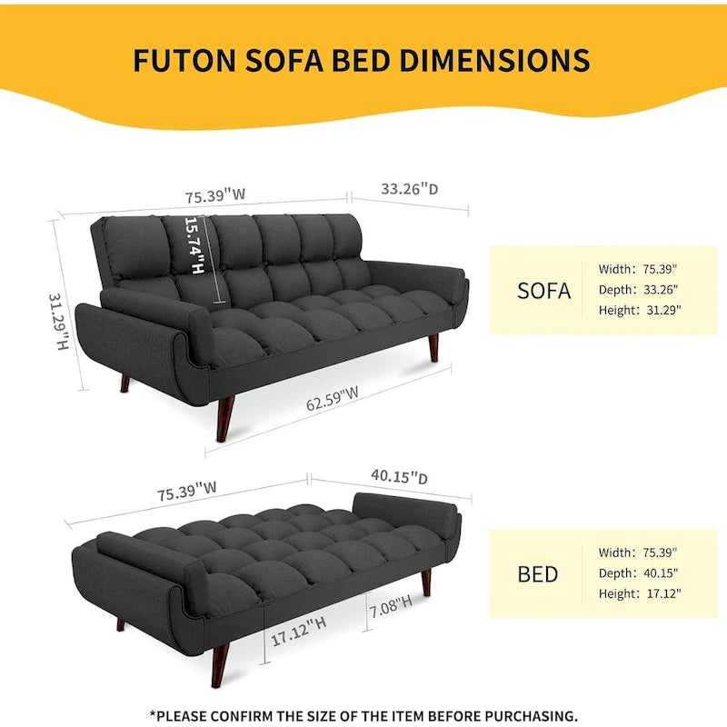 Convertible Futon Sofa Bed with Tufted Back and Adjustable Reclining in Linen Fabric