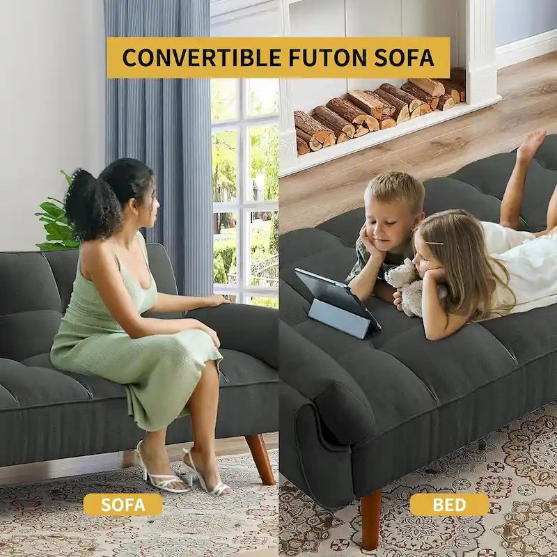 Convertible Futon Sofa Bed with Tufted Back and Adjustable Reclining in Linen Fabric