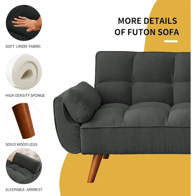 Convertible Futon Sofa Bed with Tufted Back and Adjustable Reclining in Linen Fabric