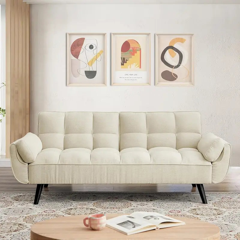 Convertible Futon Sofa Bed with Tufted Back and Adjustable Reclining in Linen Fabric