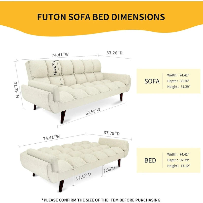 Convertible Futon Sofa Bed with Tufted Back and Adjustable Reclining in Linen Fabric