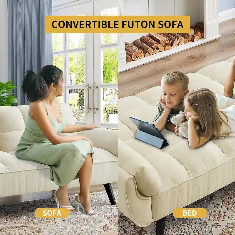 Convertible Futon Sofa Bed with Tufted Back and Adjustable Reclining in Linen Fabric