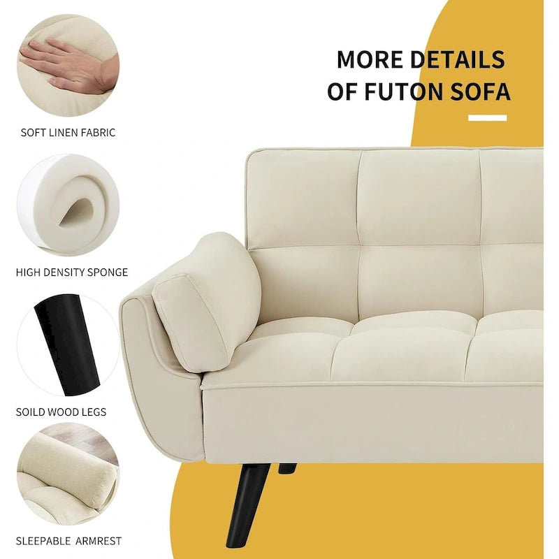 Convertible Futon Sofa Bed with Tufted Back and Adjustable Reclining in Linen Fabric