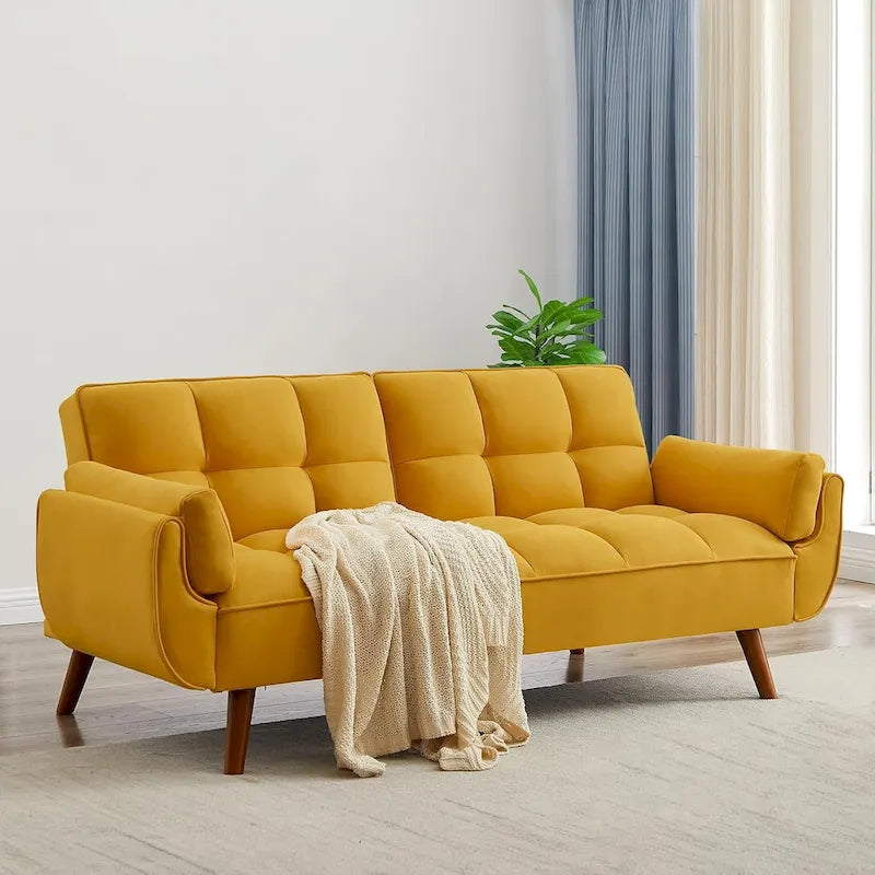 Convertible Futon Sofa Bed with Tufted Back and Adjustable Reclining in Linen Fabric