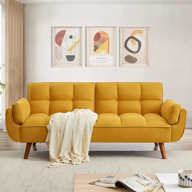 Convertible Futon Sofa Bed with Tufted Back and Adjustable Reclining in Linen Fabric