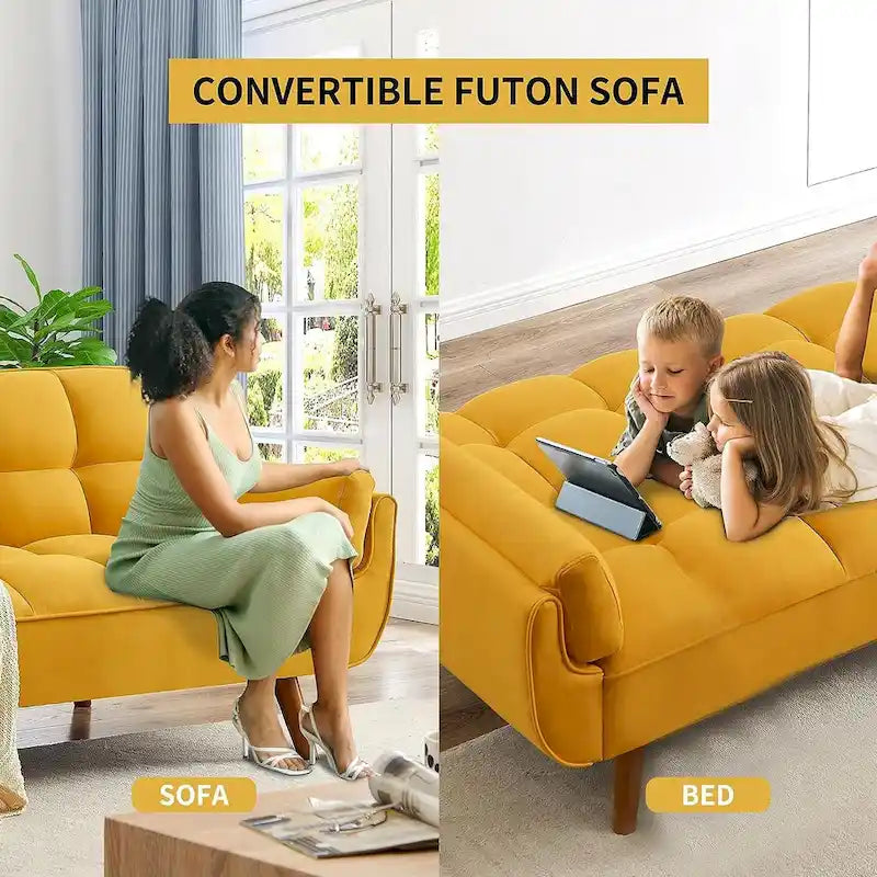 Convertible Futon Sofa Bed with Tufted Back and Adjustable Reclining in Linen Fabric